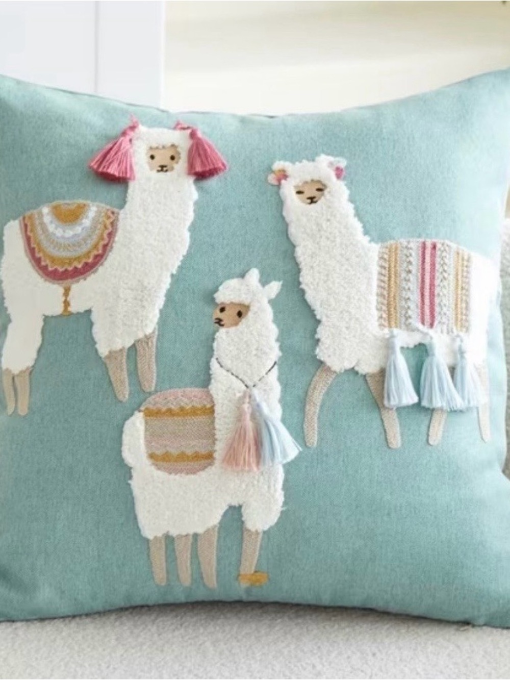 Decorative Aqua Llama Throw Pillow Cover with Pink & Blue Tassels